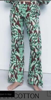 Zara Size Xs Retro 70s Printed Green Brown Wide Leg Pants Cotton NWT • $30