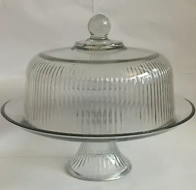 Vintage Glass Cake Stand 13  Pedestal Dome Cover Ribbed Baking Pastry Display • $16.96