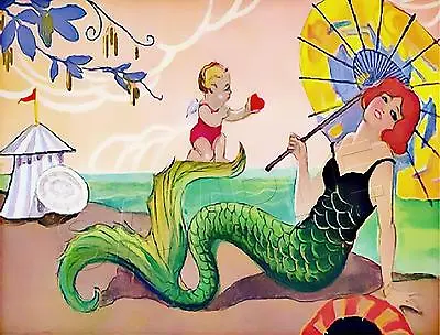 Antique Era Vintage French Art Deco Mermaid Parasol Beach Cupid *canvas* Print • $29.60