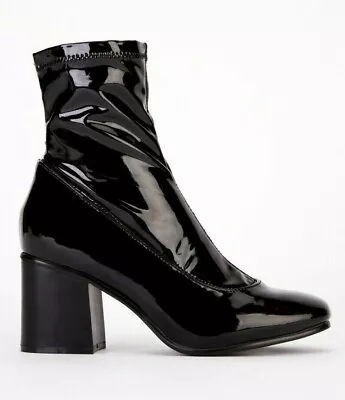 Size UK 4 - 9 EEE EXTRA WIDE FIT  Black Patent Ankle Boots Block Mid High Heel  • £29.99