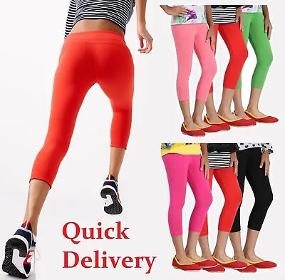 Womens Cropped 3/4 Leggings Active Capri Length Stretchy Pants Sizes 8-20 • £5.71