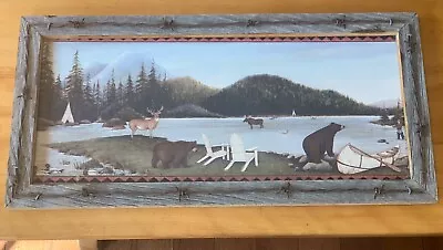 Rustic Adirondack Wood Frame Barb Wire With Hunting Mts Cabin Decor • $19.99