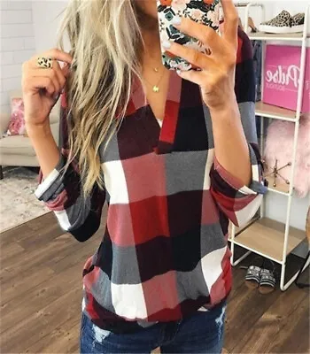 Women Plaid Check V Neck Blouse Shirt Ladies Long Sleeve Casual Baggy Loose Tops • £7.99