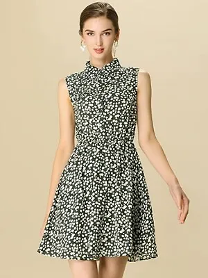 Allegra K Women's Dark Green Floral Design Collared Sleeveless Dress Size S/8 • £8