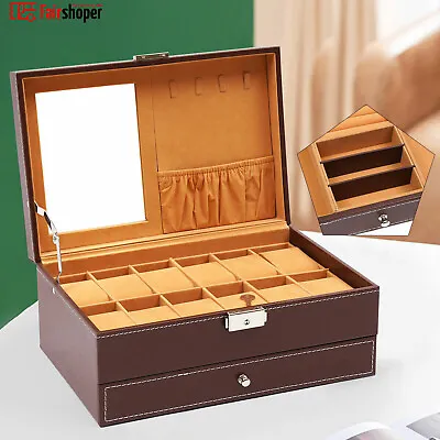 Mens 12 Grid Leather Watch Display Case Jewellery Collection Storage Box 2 Layer • £18