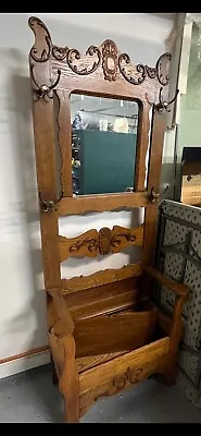 Antique Vintage Hall Tree Solid Wood With Mirror Hooks And Storage Bench • $1500