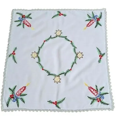 Vintage Table Square Hand Embroidered Christmas Candles Wreath Stars 21  Germany • $19.99