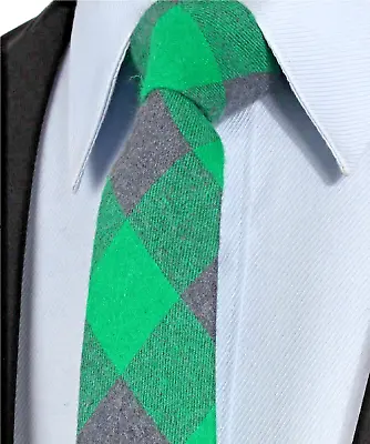 £8.64 • Buy Wool Green & Grey Skinny Tartan Check Slim Tie Mens Cotton Gift Present UK NEW