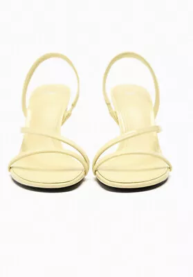 $49 • Buy Zara Leather Strappy WideHigh Heeled Sandals Vanilla Yellow Sz 39/ 8New Women’s