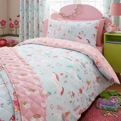 Girls Kids Unicorn Rainbow Pink Duckegg Duvet Cover Set Curtains Throw Bedding • £14.99