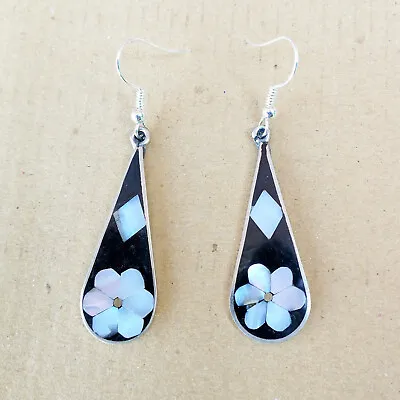 Earrings Black Resin & Alpaca Silver With Abalone Shell (Mother Of Pearl) Drops • £13.95