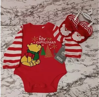 Disney Baby's 1st Christmas Outfit -Winnie The Pooh Pajama & Santa Slippers • $26