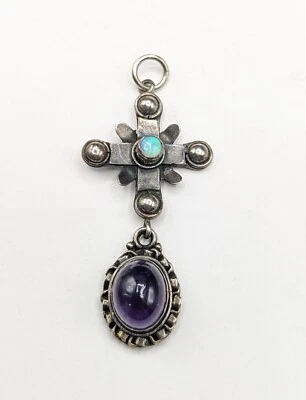 $44 • Buy Sterling Silver Colorful Fiery Opal Amethyst Gemstone Maltese Cross Oval Pendant