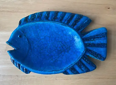 Mid-Century Modern UGO ZACCAGNINI 9  Blue Crackle Glaze Fish Shaped Plate - VGUC • $75