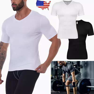 Athletic Mens V-neck Slim Fit Compression T-shirts Short Sleeve Cool Dry Tops • $17.79