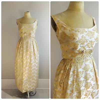 Small Vintage 1950s Party Dress Rhinestone Gown Gold Old Hollywood Cocktail Glam • $168