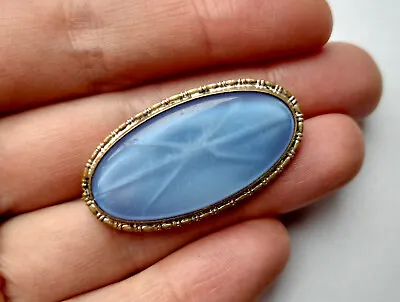 Vintage Antique Czech Art Deco Oval Brooch Blue Glass Molded With Star Pattern • £8.50