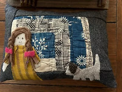 Primitive Stitchery Old Quilt With Girl And Dog Small Folk Art Pillow • $16