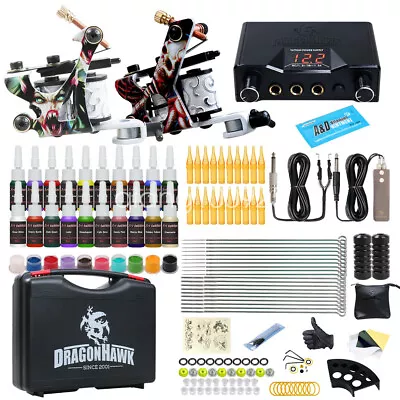 DragonHawk Tattoo Kit 2 Machine Guns Color Inks Tips Power Supply Set Needles • $39.99