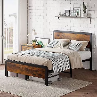 Full Size Metal Platform Bed Frame With Wooden Headboard Rounded Corners Brown • $176.22