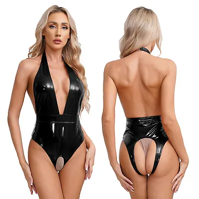 US Women's Halter Cupless Jumpsuit Wet Look PVC Leather Leotard Bodysuit Teddy • $8.36