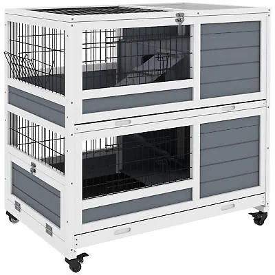 PawHut Double Deckers Indoor Rabbit Hutch W/ Feeding Trough Slide-Out Trays • £124.99