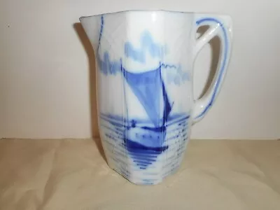 Antique FLEMISH Porcelain Hexagon Pitcher Jug DELFT Blue Boat On Water Scene • $34.95