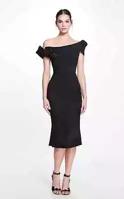 $3995 NEW Marchesa Off The Shoulder Midi Dress Stretch Black Fitted 3D Flowers 6 • $1250