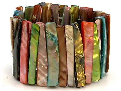 Wide Multi Color Iridescent Abalone Shell Stretch Bracelet One Size Fits Most #5 • $9.99