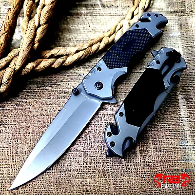 9  Gray Tactical Folding Blade Spring Assisted Survival Pocket Knife Multitool • $15.70
