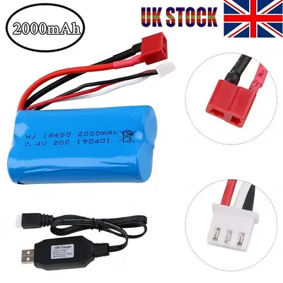 Li-Ion Battery 7.4V 2000mAh 20C T Plug Connector+USB Battery Charger For RC Car • £14.98