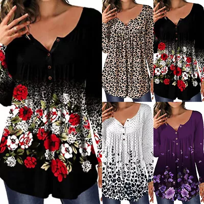 Womens Long Sleeve V Neck Tops T Shirt Ladies Floral Casual Loose Tee Blouse Top • $18.09