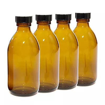 250ml Amber Glass Bottles With Black Lids - Pack Of 4 • £12.99