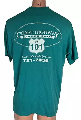 Vtg 90s Coast 101 Highway Barber Shop Oceanside CA Teal T-shirt XL Single Stitch • $30