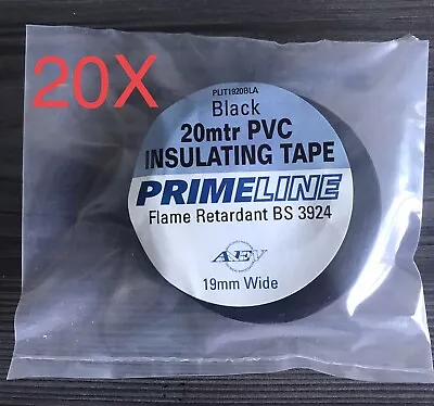 20 Rolls Primeline Black Fire Retardant BS3924 19mm X 20m PVC Insulating Tape • £20