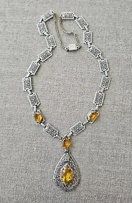 Art Deco Filigree Rhodium Beveled Imitation Citrine Glass Stone Necklace • $95