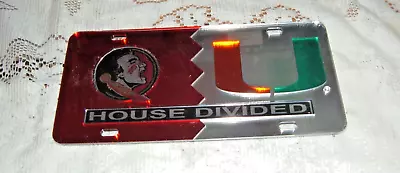 Florida State Simenole/miami Hurricanes  House Divided Acrylic License Plate New • $32.91