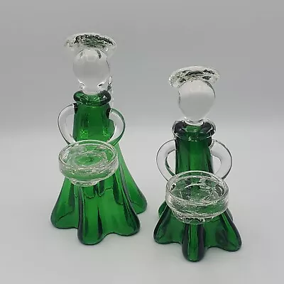 Set Of 2 Green Murano Hand Blown Art Glass Angel Votive Candle Holder Pair • $39.99