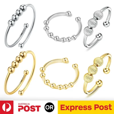 $7.85 • Buy 3X Anxiety Worry Fidget Ball Ring Meditation Spinner Ring Adjustable Opening AU