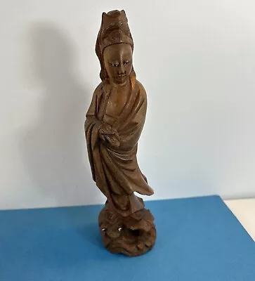 Wooden Chinese Kwan-Yin Statue Figurine Quan Yin Buddha Wood Carving Vintage • $59