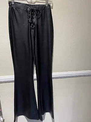 Bear Dance BLACK Faux Leather Vinyl Bell Bottom Flared Lace-up Pants - Women's L • $18