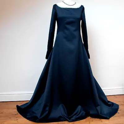Medieval Renaissance Dark Blue Satin Dress + Chainmail Circlet Handmade UK 10 • £125