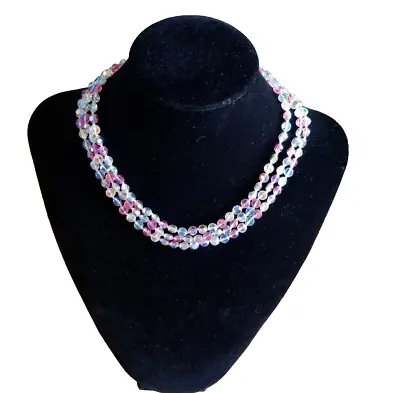 VTG Pink White Aurora Borealis Faceted Crystal 3 Strand Chocker Necklace 16   • $19.99