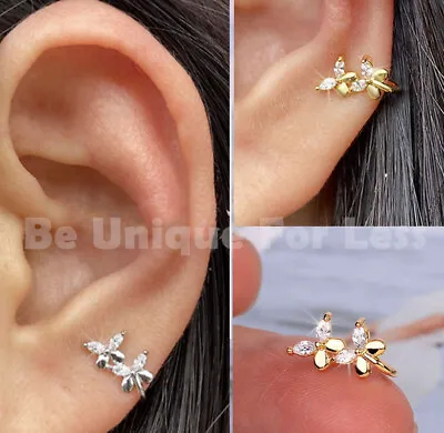 £3.49 • Buy Butterfly Floral Fake Clip On Ring Diamante Helix Tragus Cartilage Small Cuff 