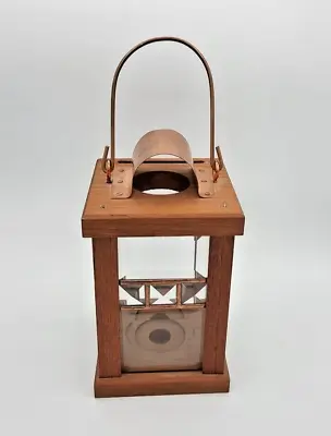 Vintage Rustic 12  Wooden Candle Lantern Large Brown Glass And Copper Accents • $34.95