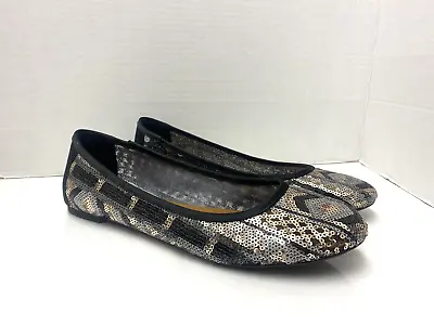 Lucky Brand Shoes Women's Sz 8.5 Black With Silver And Gold Sequin Flats Slip On • $16.99