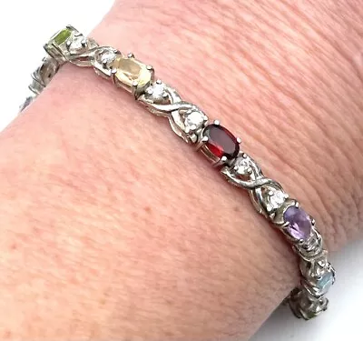 Sterling Silver Multi Color Gemstone Bracelet 7.5 In 925 Safety Latches • $33.60