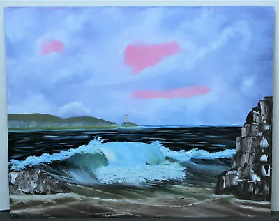 Orginal Signed Oil Landscape Seascape Painting On Board : Sky Sea Lighthouse • £10