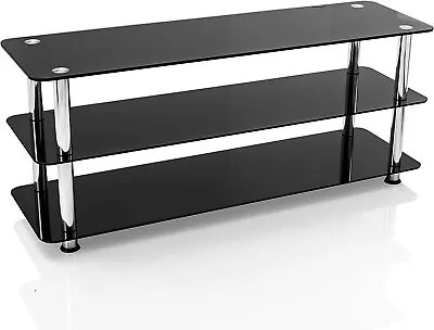 TV Stand Black Glass Shelving Unit Silver Legs For LCD OLED LED Up To 55 Inch • £59.95