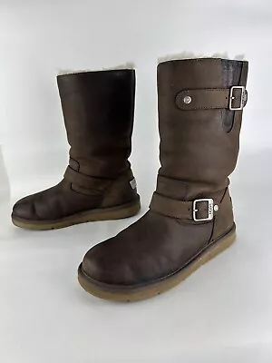 UGG 5678 Kensington Women Size 7 Brown Leather Shearling Lined Buckle Moto Boots • £33.78